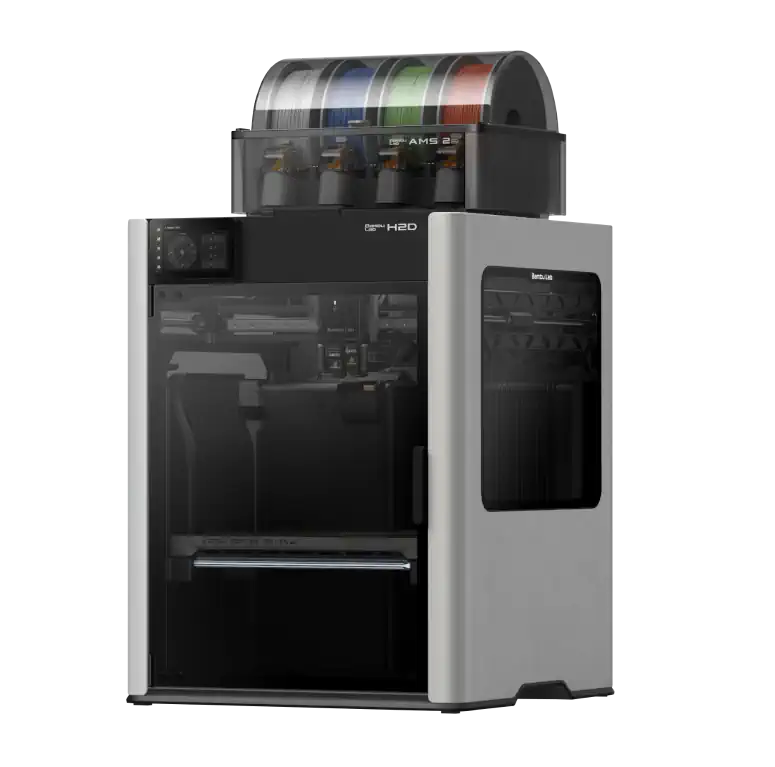 A 3d printer grey and black with colored filament wheels on top