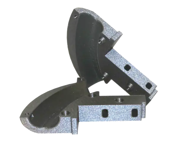 A 3d printed part split in two showing a hinge or edge section with hollow curved cylander