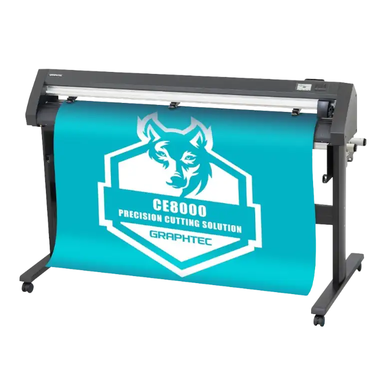 A large vinyl cutting machine with a label being fed into it