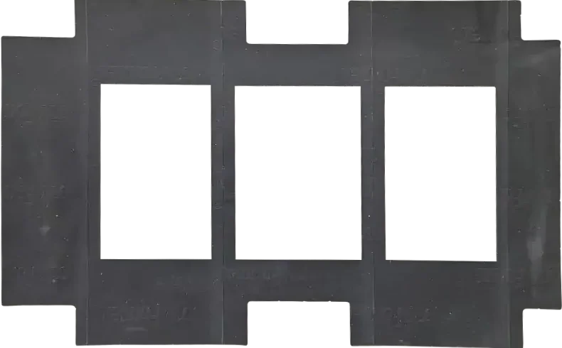 A thin black foam rectangular gasket with 3 rectangular holes inside