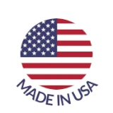 A white circle with an American flag with text that says 'made in usa'