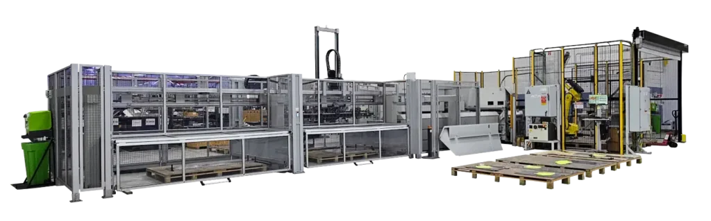 A long series of sections with machinery behind caged walls for protection